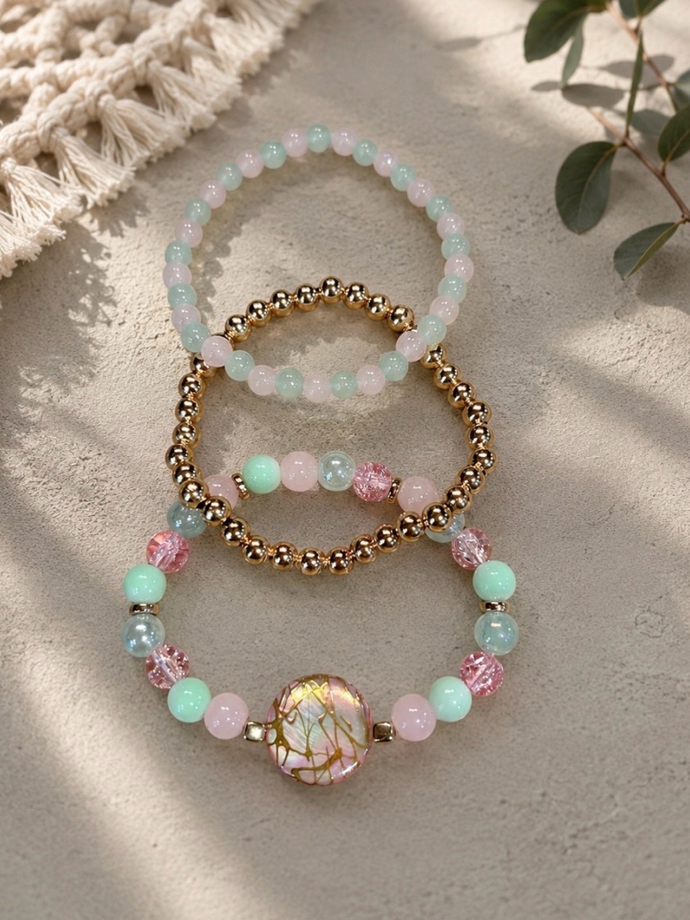Gold Accent Mint & Pink Beaded Bracelet Set - Women’s Jewelry | Handmade